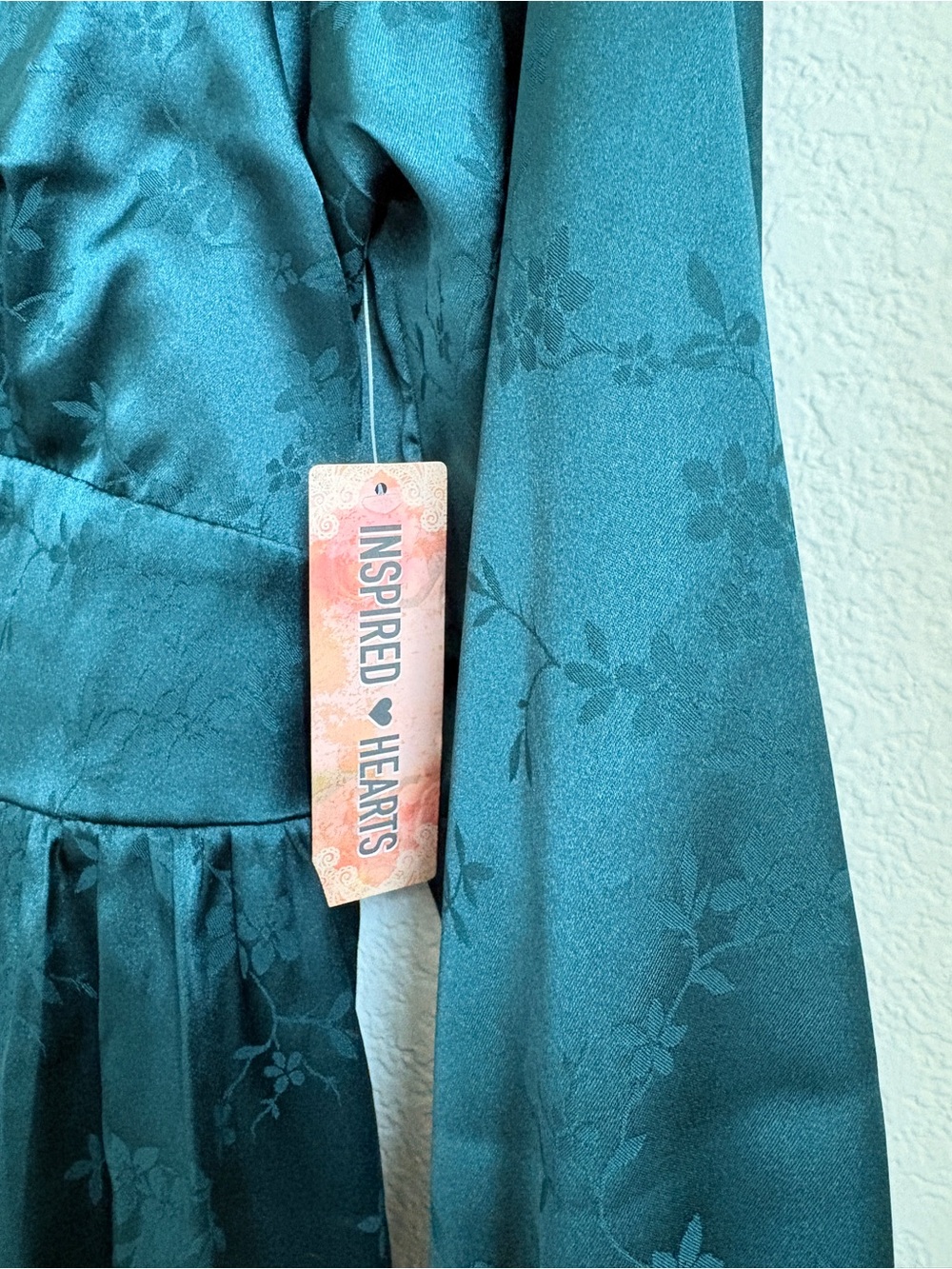 Long Sleeve Satin Dress - Emerald Green floral print - Picture 4 of 6